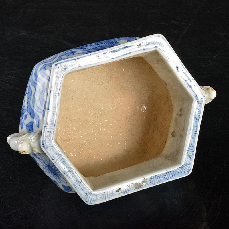 瀬戸焼　古瀬戸　染付　鳳凰花文　双耳六角香炉　M　R7342