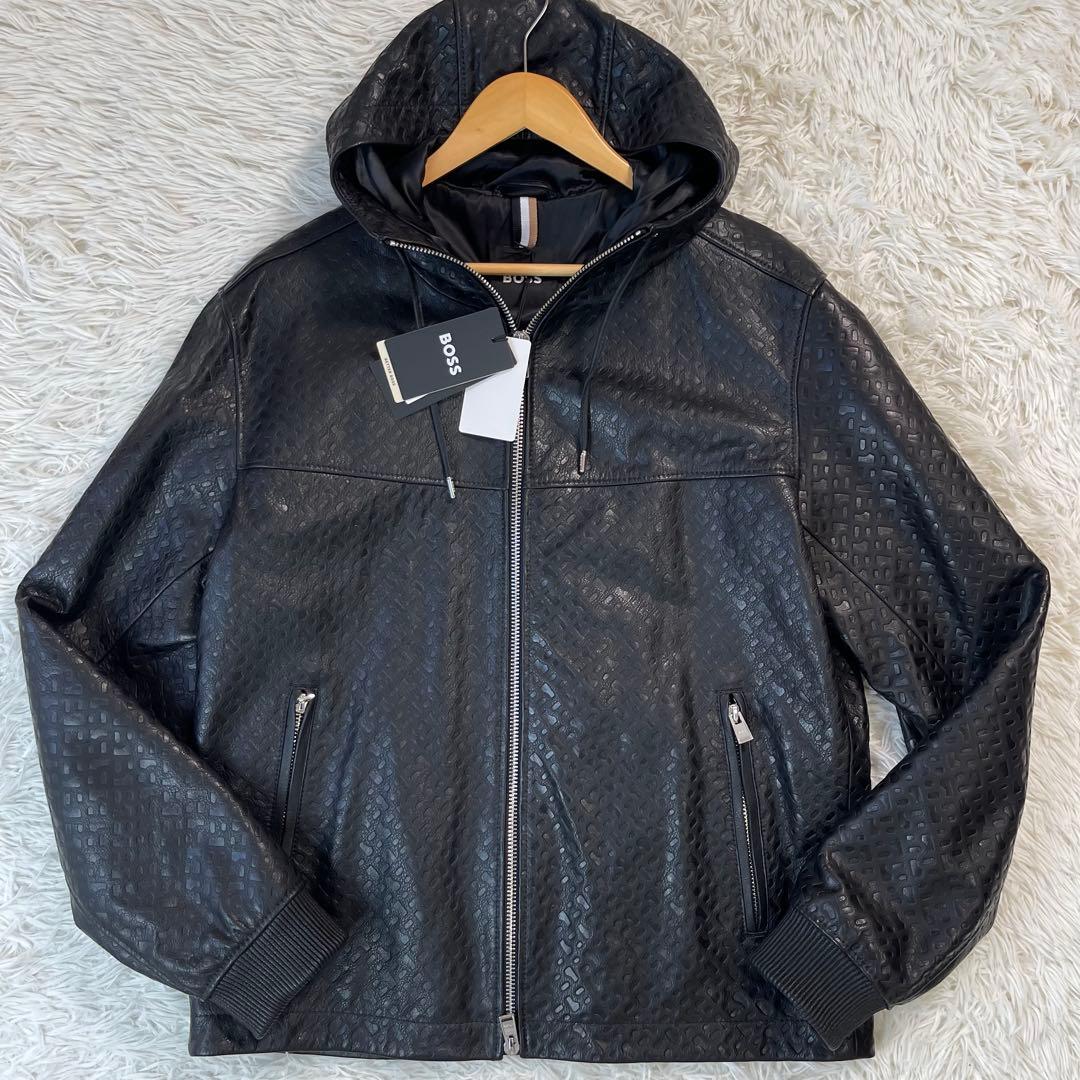 未使用タグ付/XXLサイズ/現行●HUGO BOSS レザージャケット エンボス