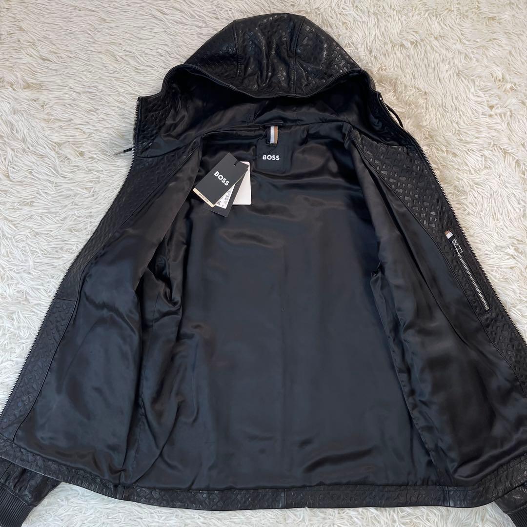 未使用タグ付/XXLサイズ/現行●HUGO BOSS レザージャケット エンボス
