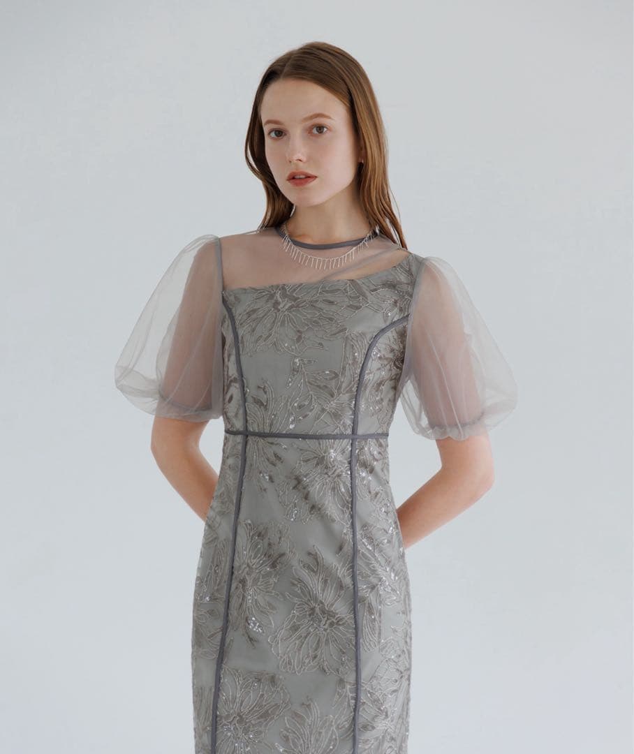 グレー 刺繍入り ロングドレス