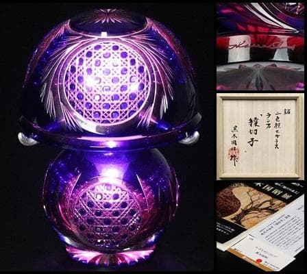 【未使用】黒木国昭　秀逸作　二色被せガラスランプ　銘「綾切子」共箱