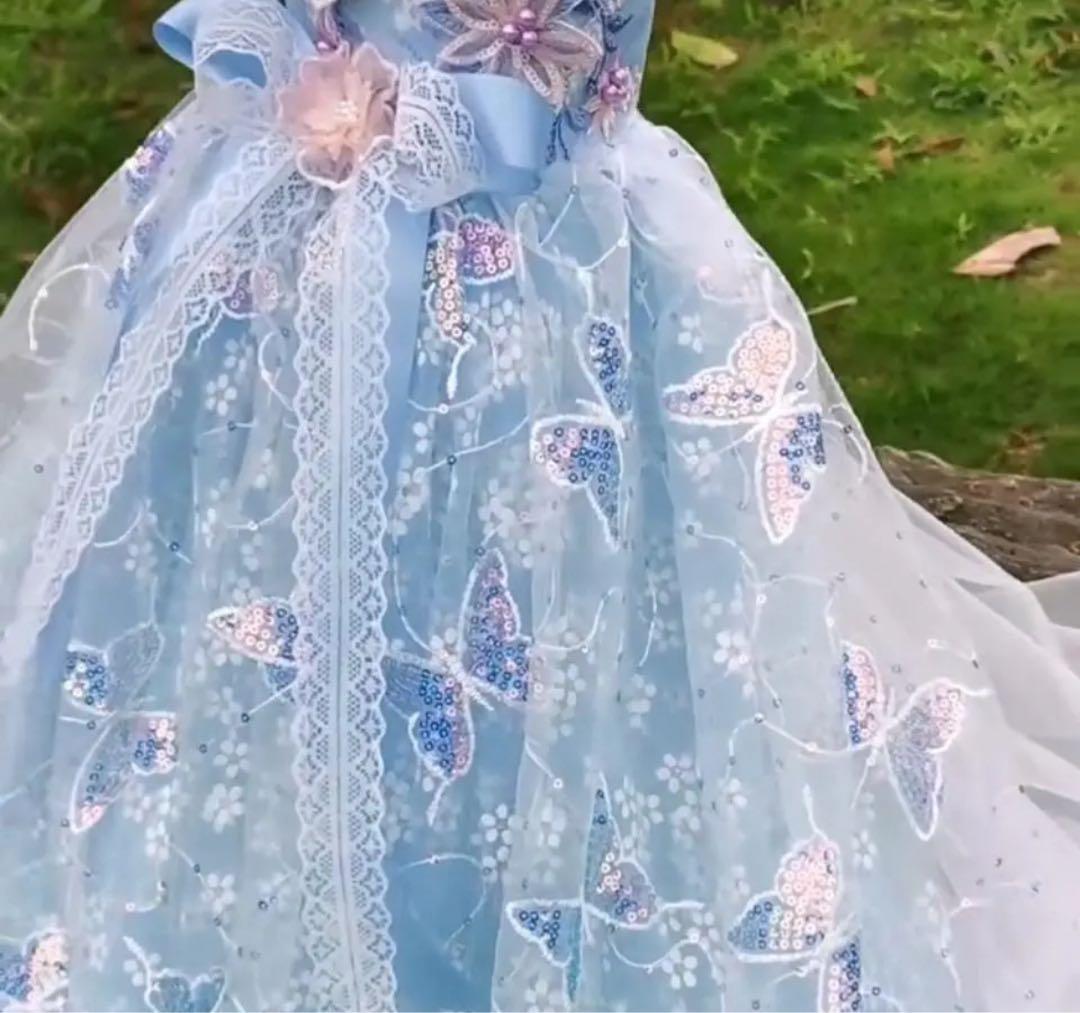 豪華ロングドレス蝶と花の刺繍ドレス　犬服　猫服