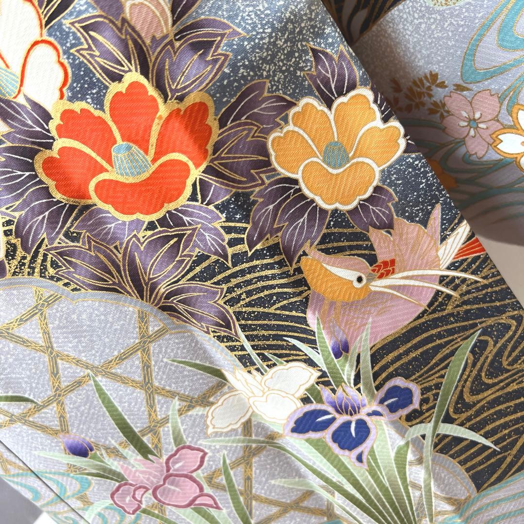 375 振袖フルセット 正絹 ブルーグレー 灰青 金彩 駒刺繍 三越 高級 上品