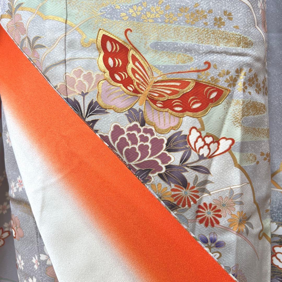 375 振袖フルセット 正絹 ブルーグレー 灰青 金彩 駒刺繍 三越 高級 上品