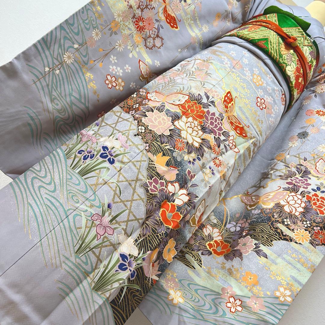 375 振袖フルセット 正絹 ブルーグレー 灰青 金彩 駒刺繍 三越 高級 上品