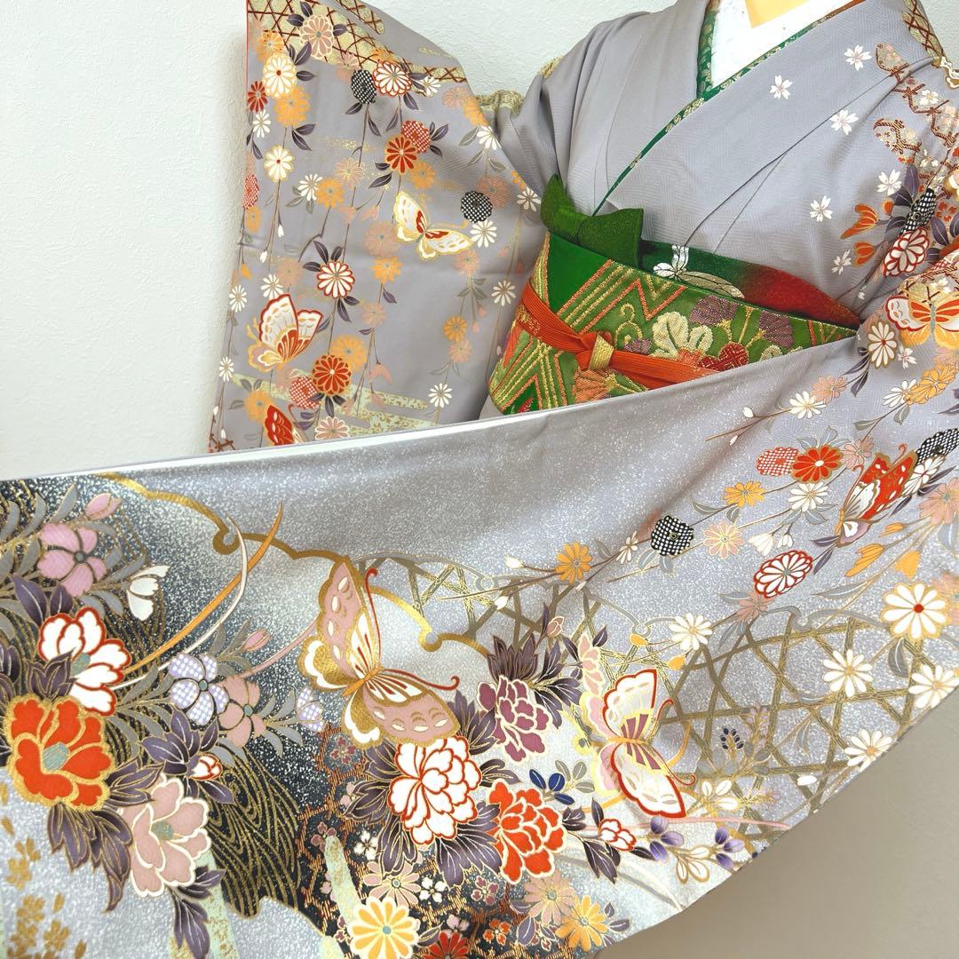 375 振袖フルセット 正絹 ブルーグレー 灰青 金彩 駒刺繍 三越 高級 上品