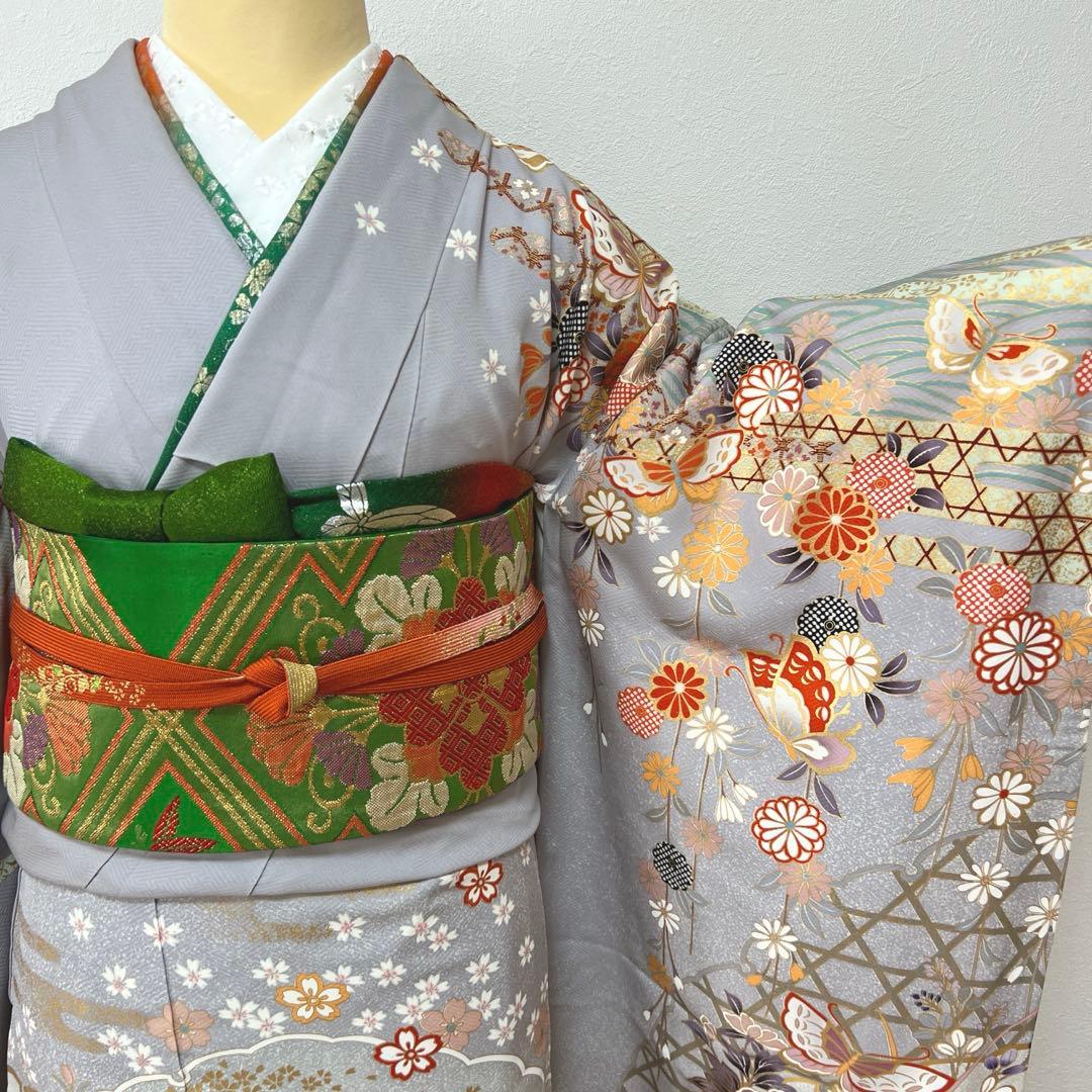 375 振袖フルセット 正絹 ブルーグレー 灰青 金彩 駒刺繍 三越 高級 上品