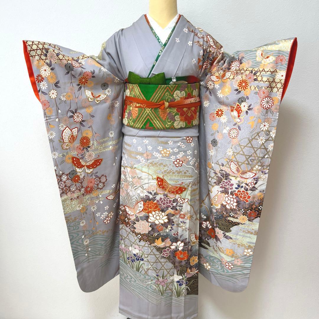 375 振袖フルセット 正絹 ブルーグレー 灰青 金彩 駒刺繍 三越 高級 上品