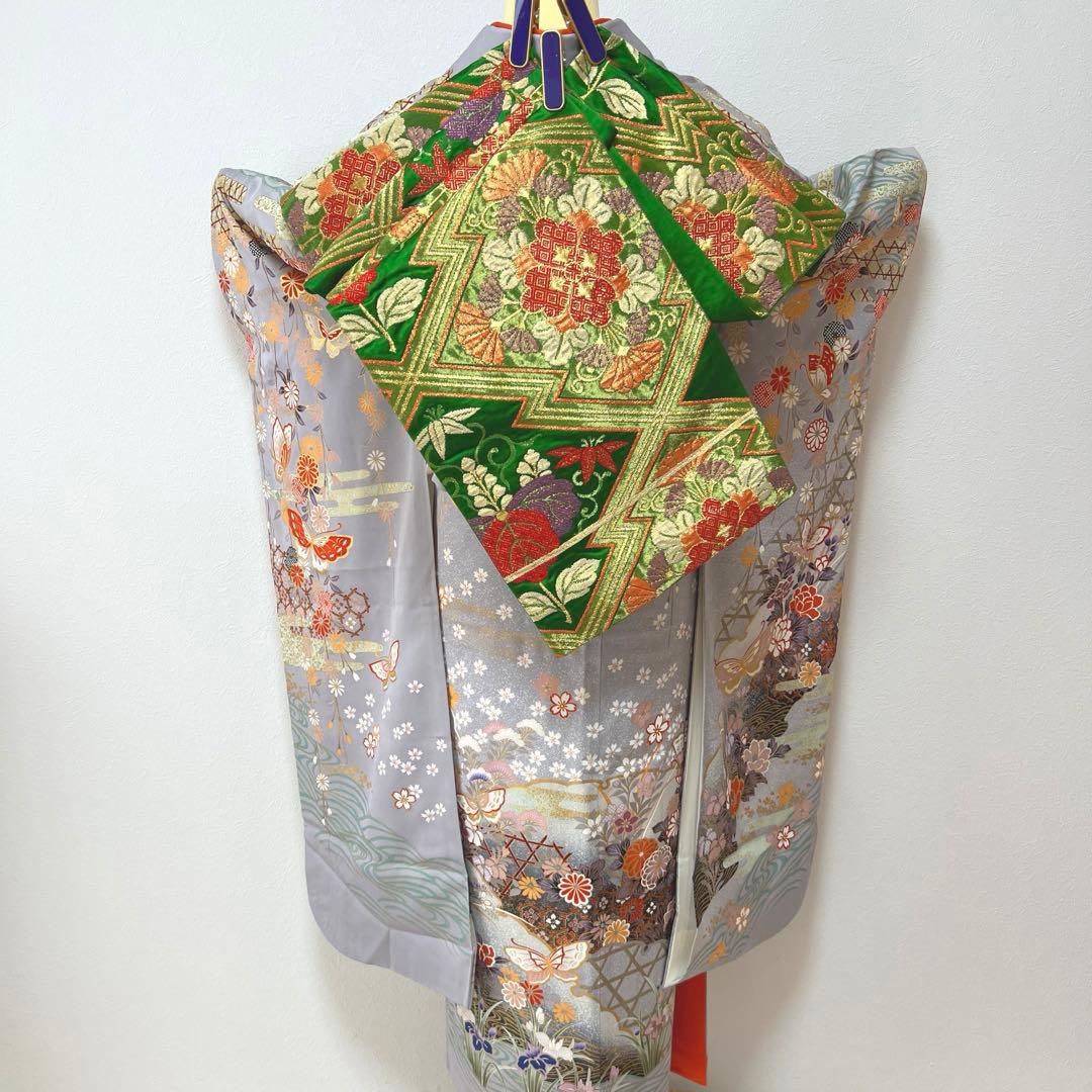 375 振袖フルセット 正絹 ブルーグレー 灰青 金彩 駒刺繍 三越 高級 上品