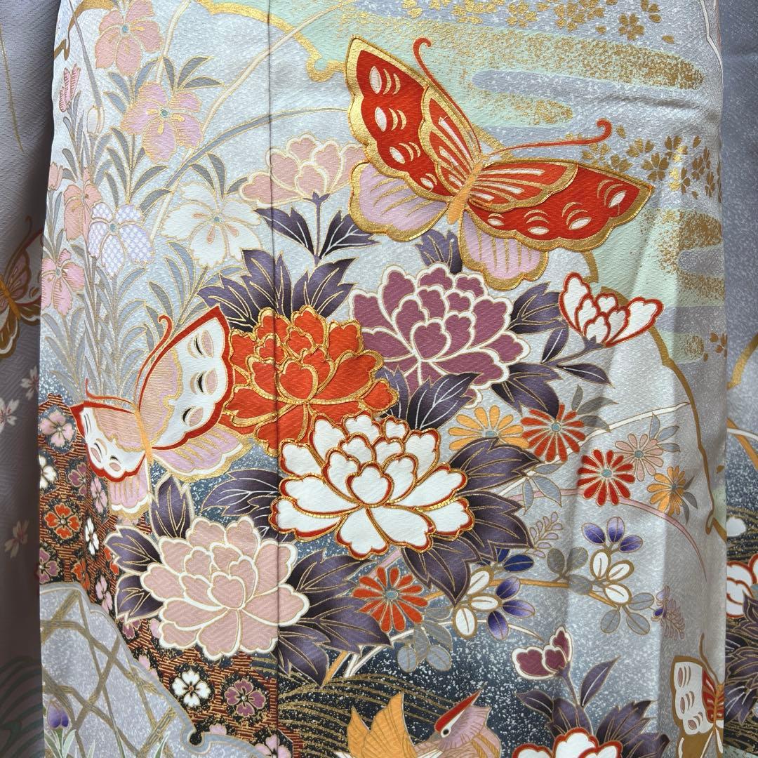 375 振袖フルセット 正絹 ブルーグレー 灰青 金彩 駒刺繍 三越 高級 上品