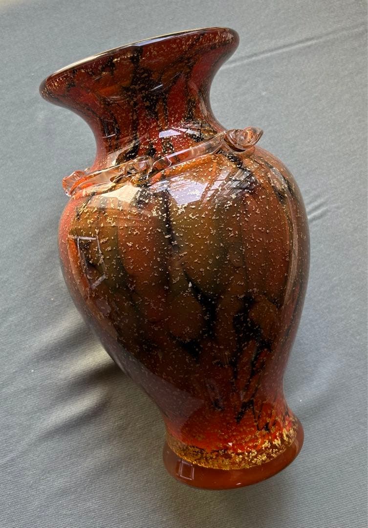 昭和レトロ オレンジ色と黒のガラス花瓶と小物入れセット