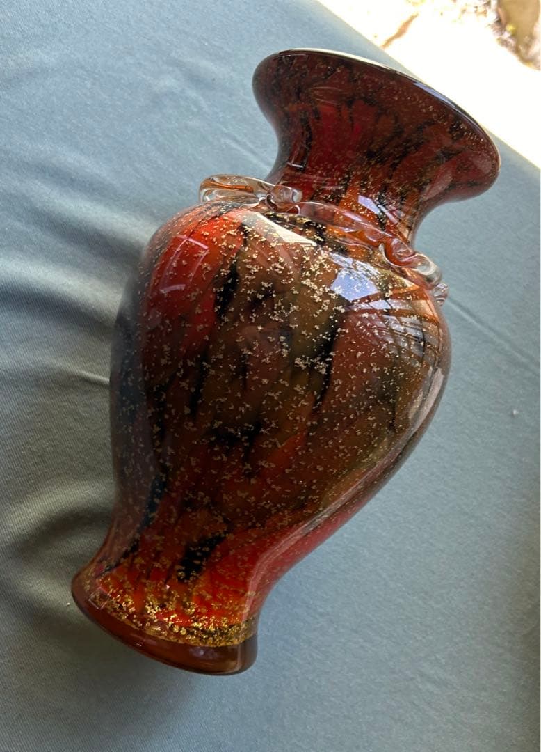 昭和レトロ オレンジ色と黒のガラス花瓶と小物入れセット