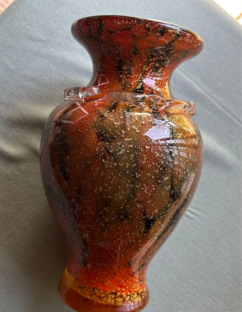 昭和レトロ オレンジ色と黒のガラス花瓶と小物入れセット