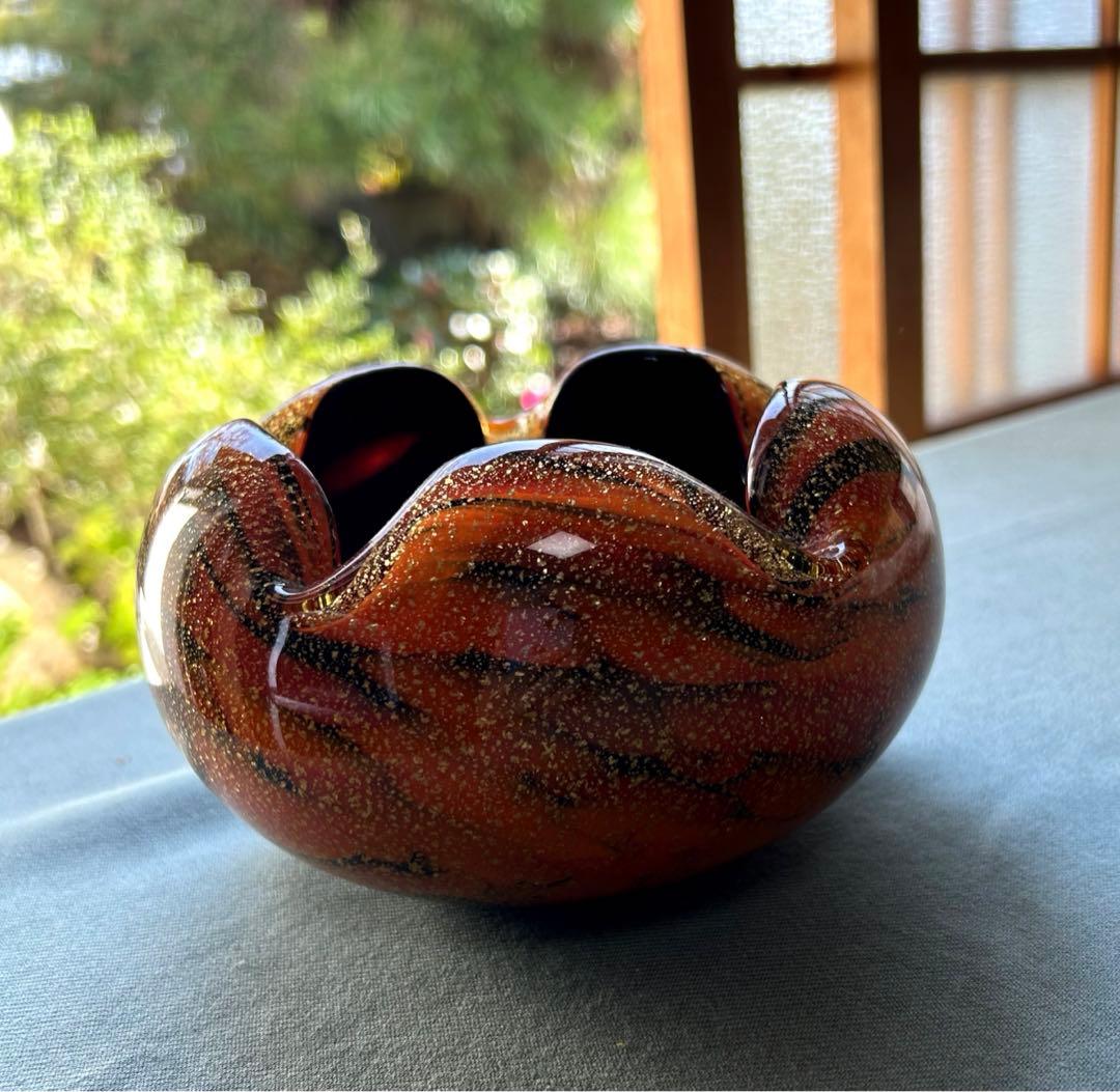 昭和レトロ オレンジ色と黒のガラス花瓶と小物入れセット