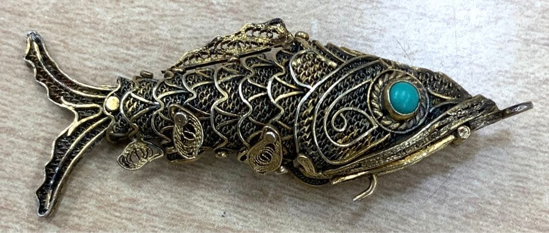 アンティーク　ビンテージ　フィリグリー　ネックレストップ　シルバー刻印　魚