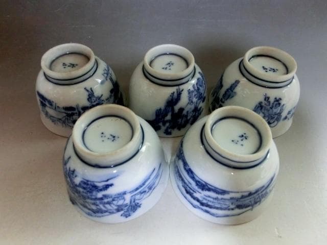 煎茶器セット■染付絵変わり煎茶道具 東海道五十三次 横手急須 煎茶碗 湯冷まし■