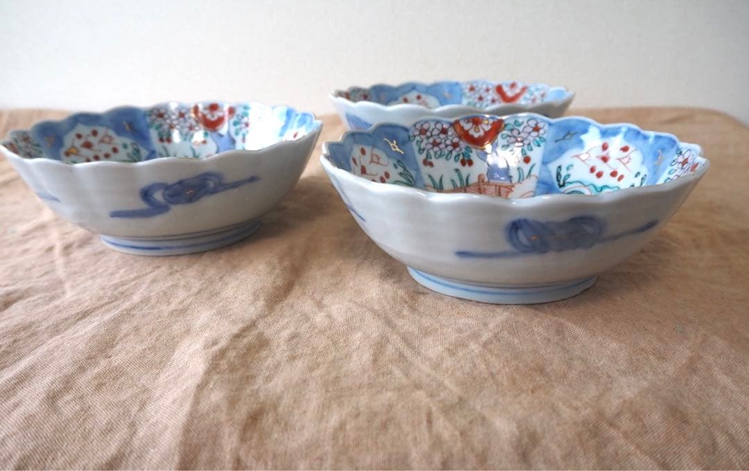 ぴんちゃん 時代伊万里 色絵印判金彩 3羽の鳥 花生垣文 大なます皿 3客