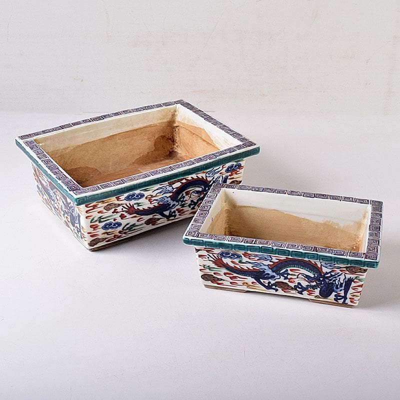 中国　大明萬歴年製　五彩　雲龍文 植木鉢　盆栽鉢　大小2点　M　7642