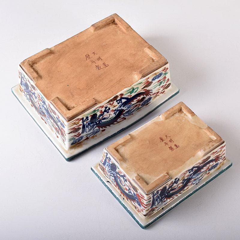 中国　大明萬歴年製　五彩　雲龍文 植木鉢　盆栽鉢　大小2点　M　7642