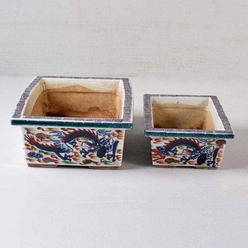 中国　大明萬歴年製　五彩　雲龍文 植木鉢　盆栽鉢　大小2点　M　7642