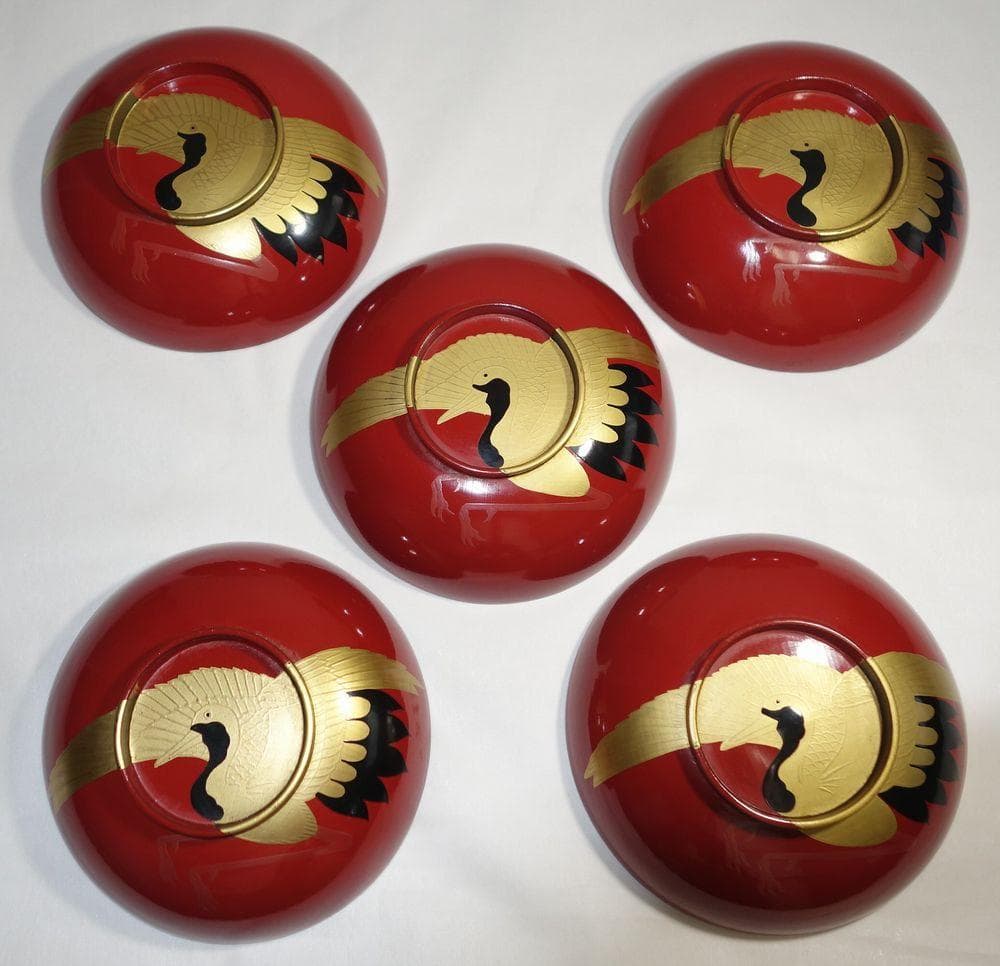 アンティーク 祝い膳 日の出鶴椀 ５客 京漆器