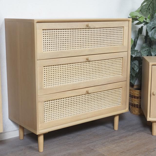 ミュウ　アジアンモダン　ラタンでかごめ編み　３段チェスト