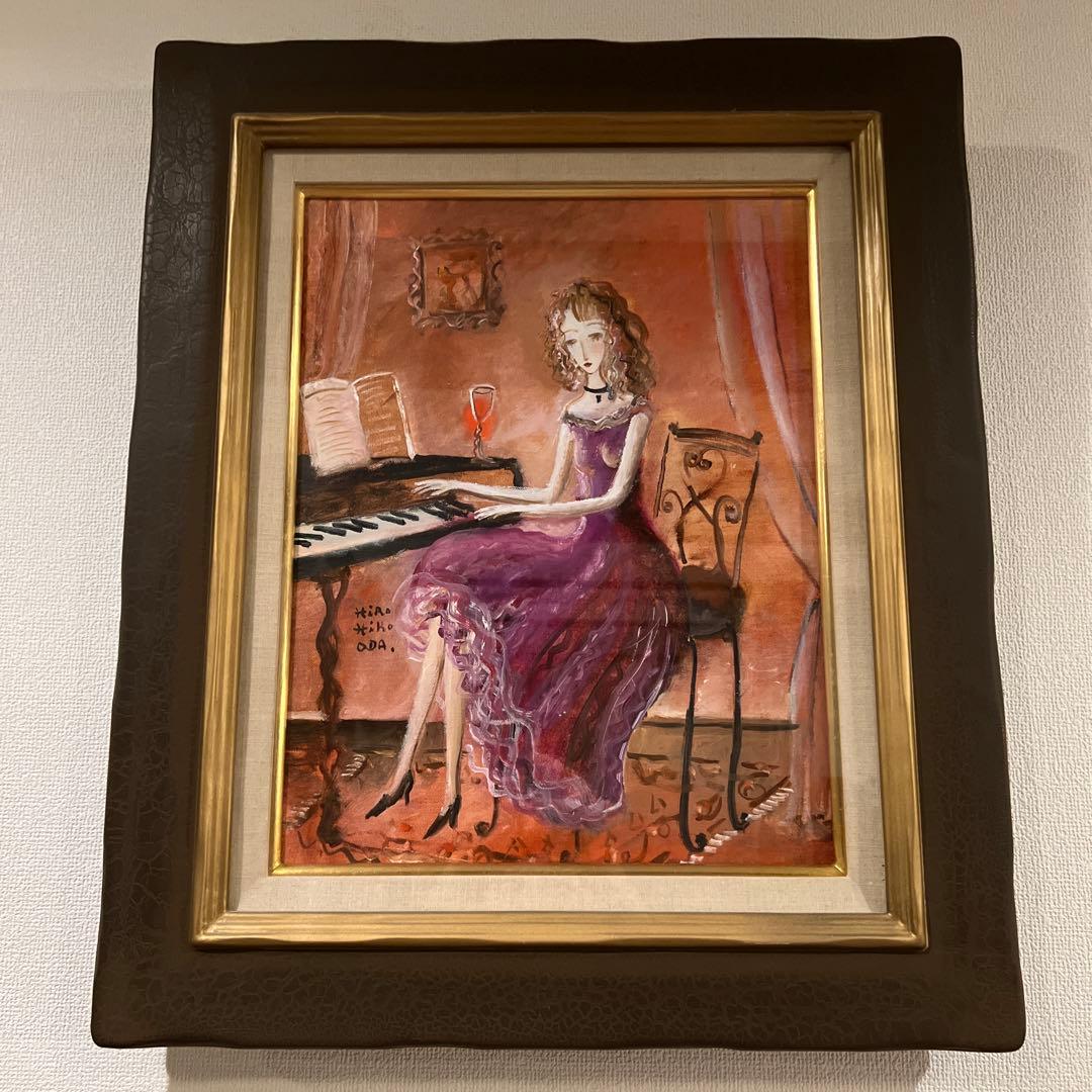 Kira Oda 油彩画 女性とピアノ