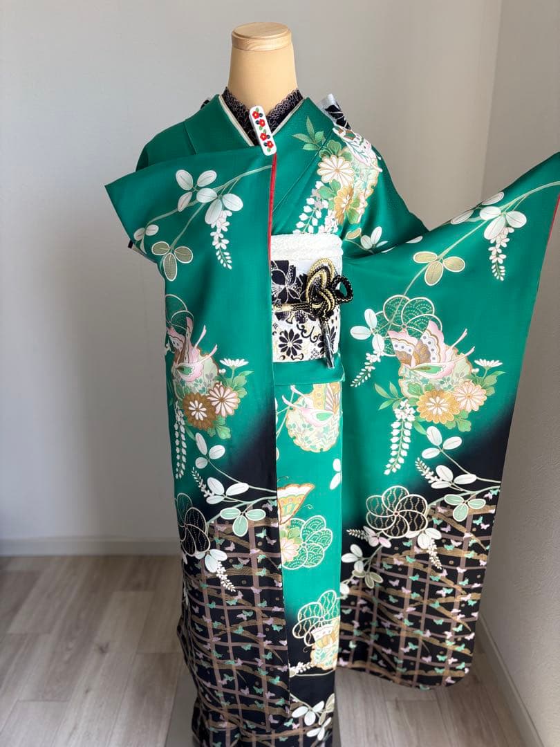 まいめろ　振袖フルセット（６点）＋草履バッグセット正絹　☆クリーニング済み