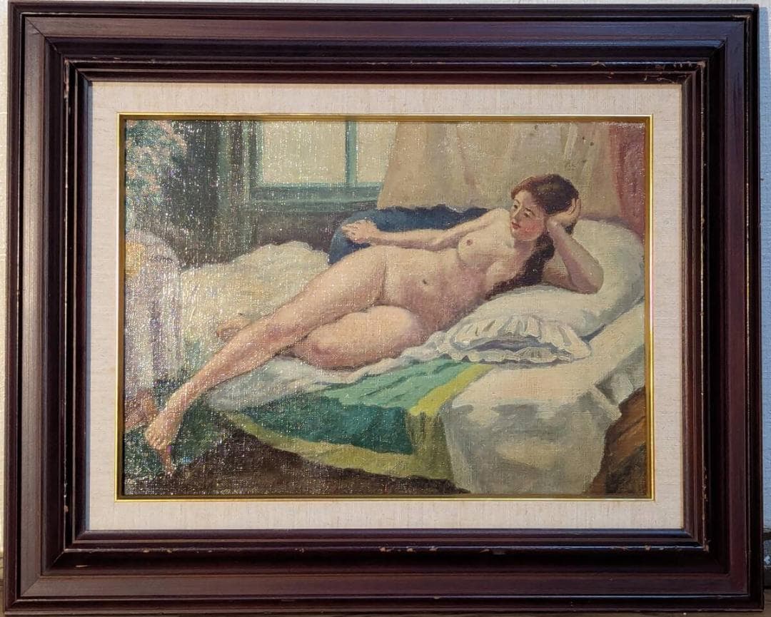 【真作】絵画　油彩4号　リクライニング・ヌード　ベッドに憩う女性像　X125