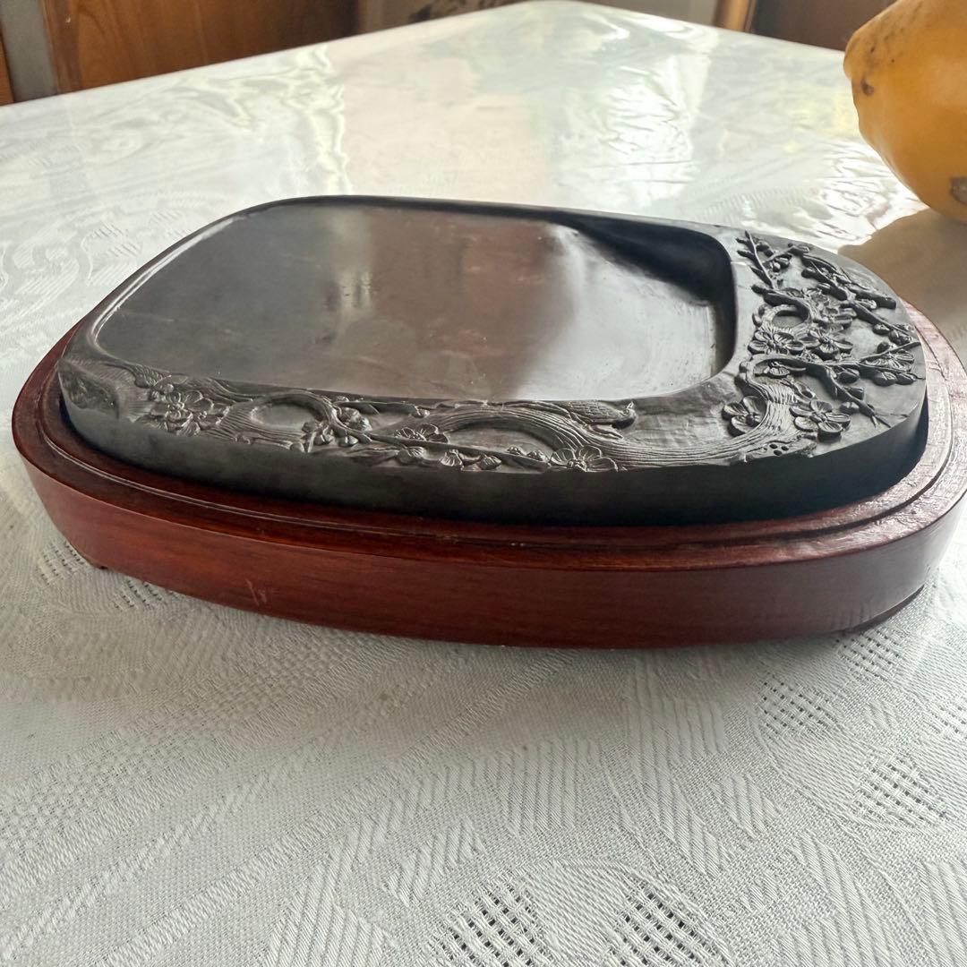 超限定出品18日20時‼️旧家蔵出端渓硯『梅雀陽刻硯』」唐木箱と蓋証明書付1点⑤