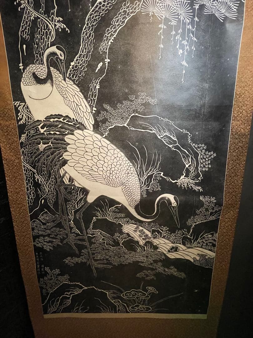 掛軸 朱既吉『松鵲図』拓本 清康煕19年銘 希少 中国美術 縁起物