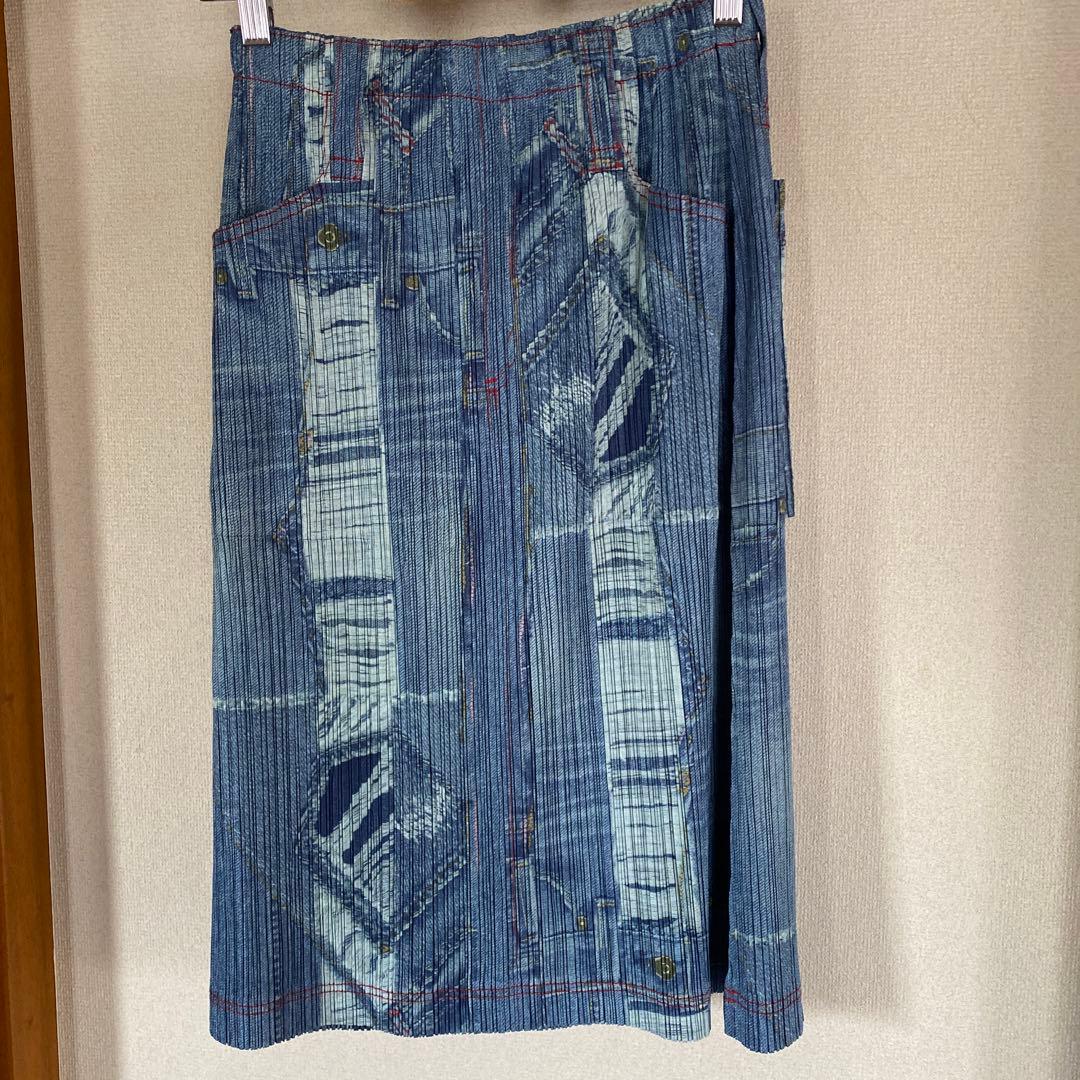 プリーツプリーズイッセイミヤケ　厚地デニム柄スカート 稀少！！！