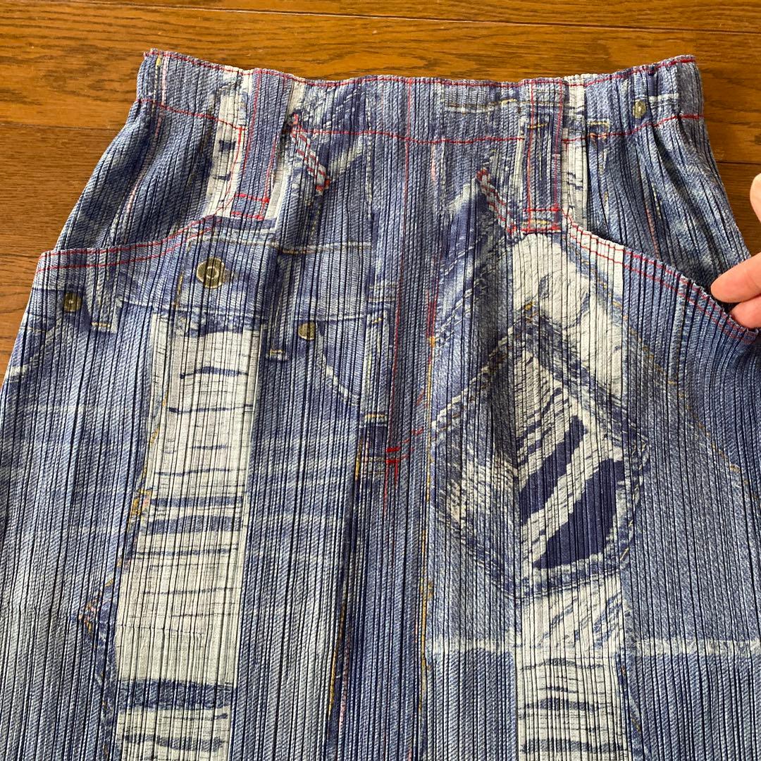プリーツプリーズイッセイミヤケ　厚地デニム柄スカート 稀少！！！