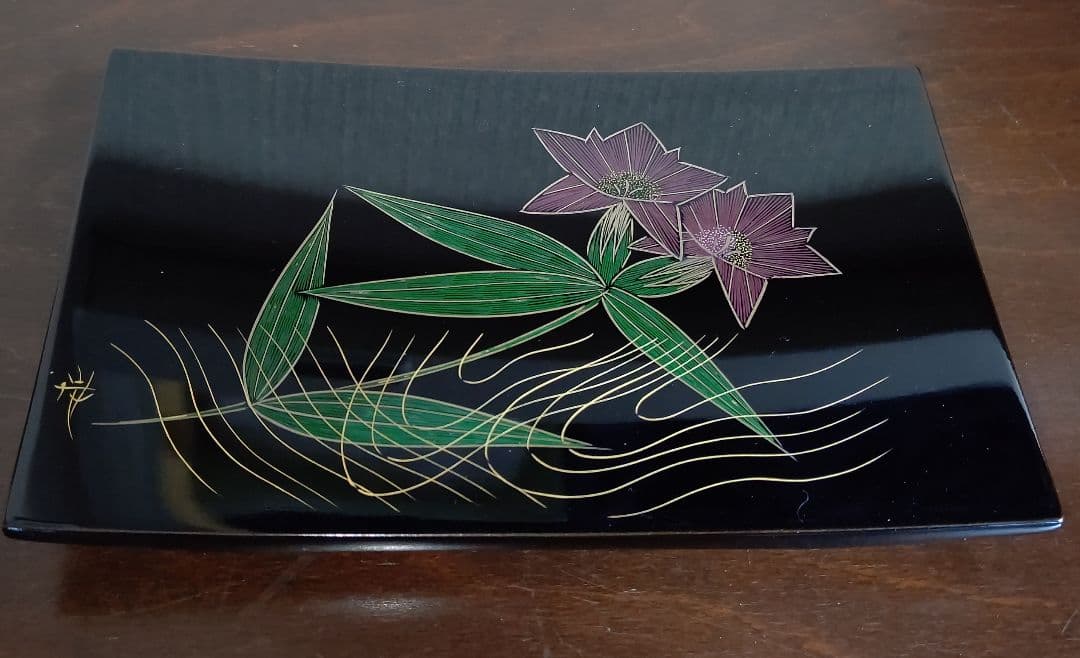 象嵌 絵変 銘々皿 5客 角野岩次 沈金 四角 黒 脚付き