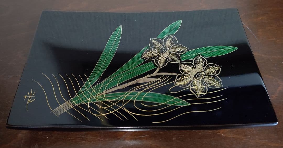 象嵌 絵変 銘々皿 5客 角野岩次 沈金 四角 黒 脚付き