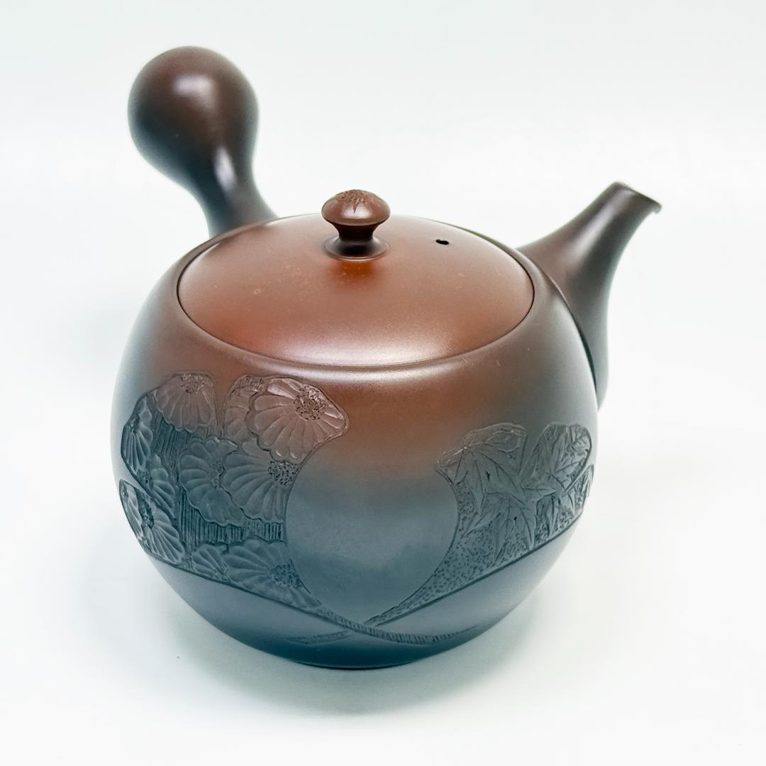 美品 常滑焼 山田宝生 急須 イチョウ紅葉菊彫 横手急須