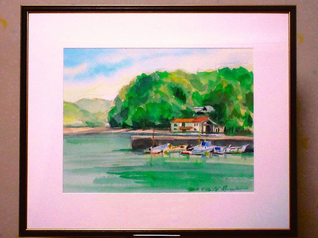 港の風景 水彩画 額装済み 原画 F6サイズ