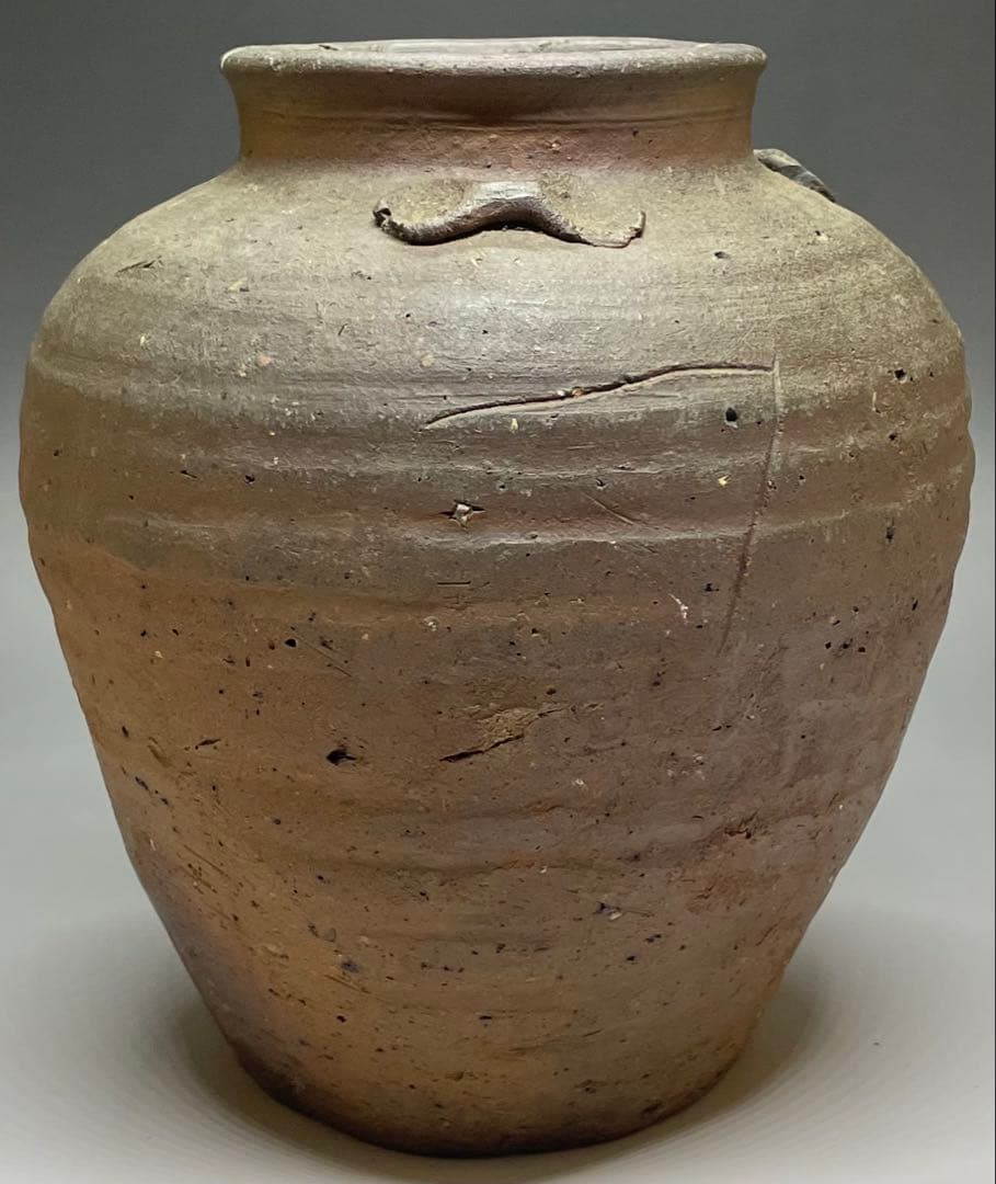 古備前　室町〜桃山時代　三耳壺　種壺　窯印有　箱付(四方桟盛蓋) 　y312