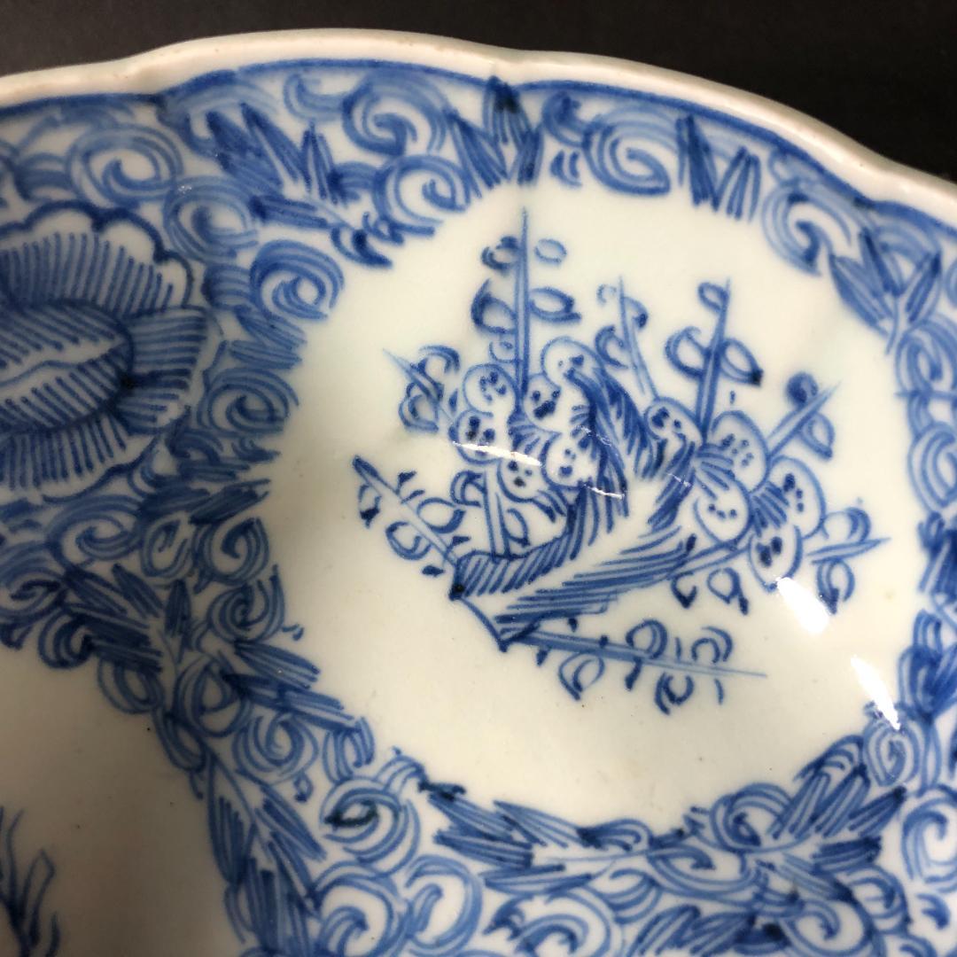 古伊万里　染付　微塵文様に丸文松竹梅文様　六寸鉢　輪花鉢　盛鉢