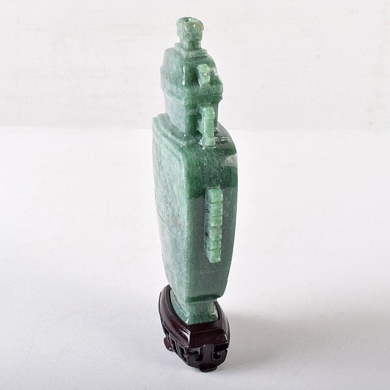 中国　玉石翡翠彫刻　飾壷　約530g　唐木台付　D　R8759