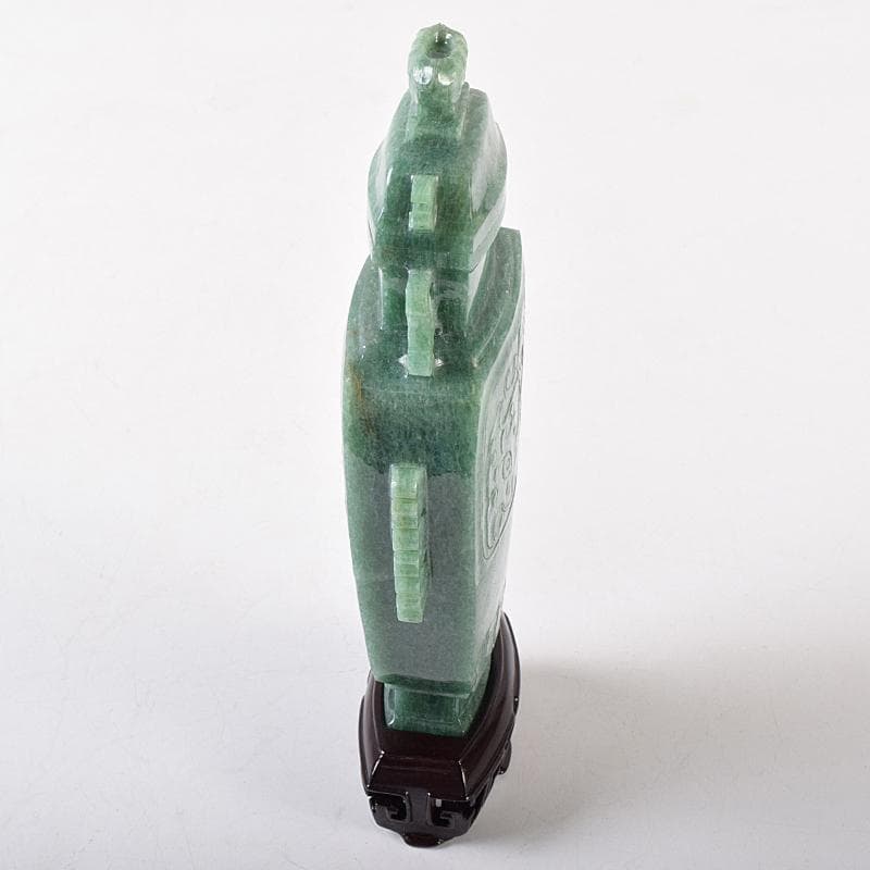 中国　玉石翡翠彫刻　飾壷　約530g　唐木台付　D　R8759