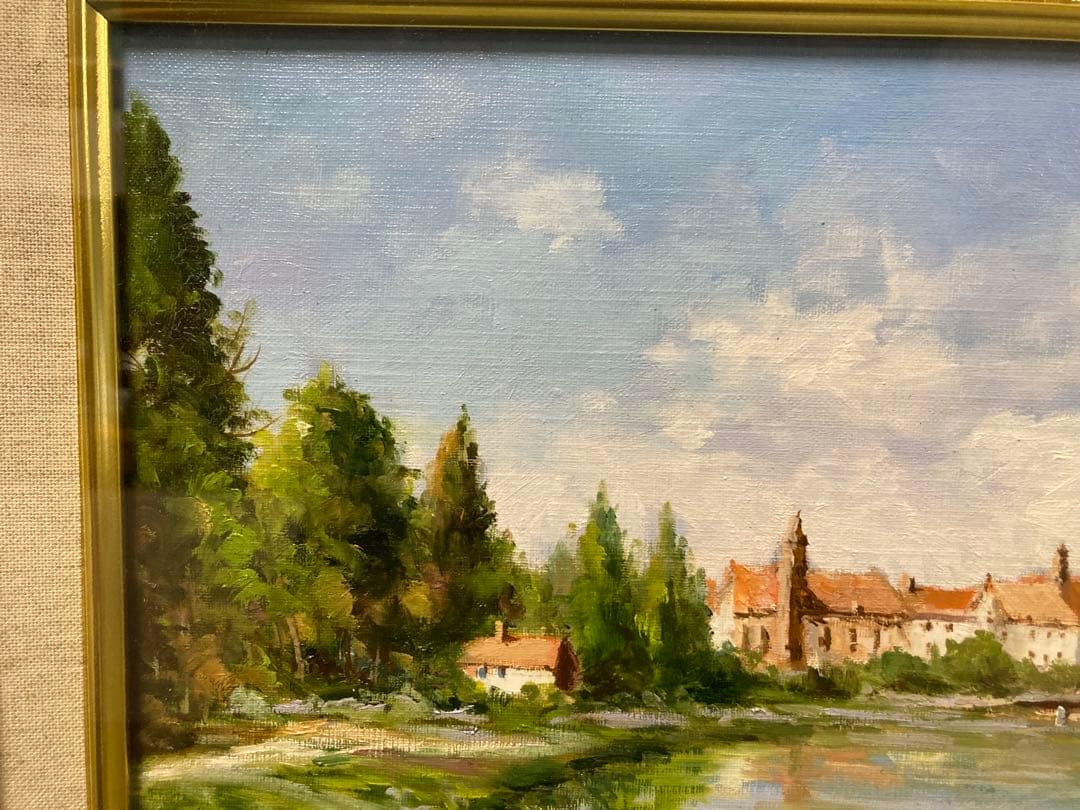 油彩 油絵 肉筆 ガロンヌ川畔【日下部寛】 額装 「美術年鑑」掲載作家　Ｆ４