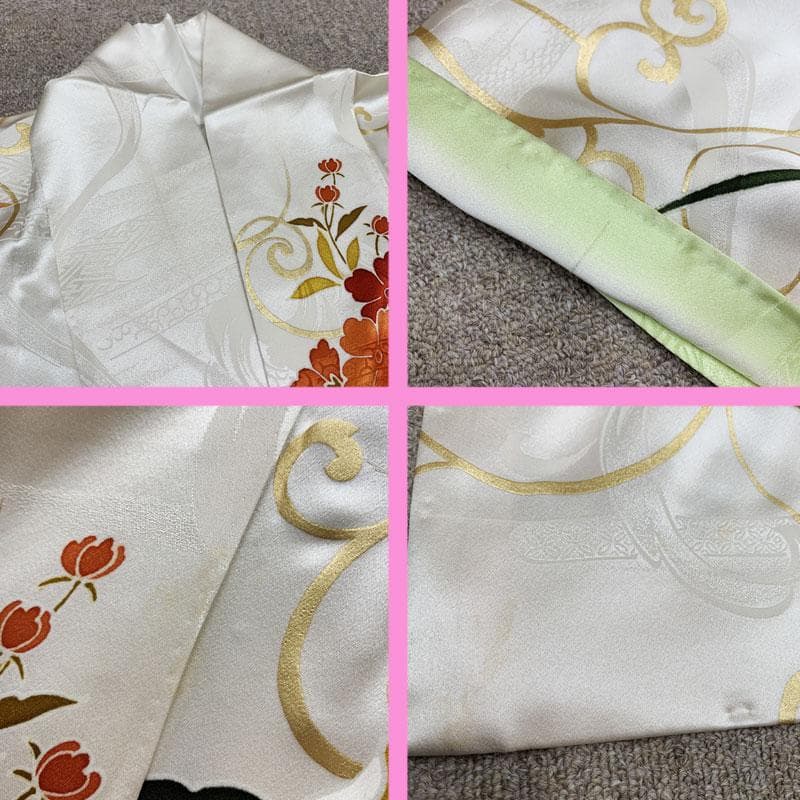 507z45☆中振袖 金駒刺繍 金彩 地紋 薔薇 唐草 ホワイト☆成人式 結婚式