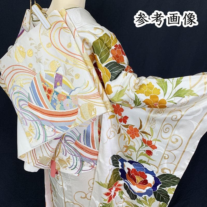 507z45☆中振袖 金駒刺繍 金彩 地紋 薔薇 唐草 ホワイト☆成人式 結婚式