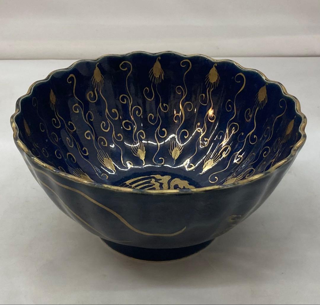 B261s 瑠璃手「鳳凰に龍」鉢　金彩絵付　十錦手　菓子鉢　骨董　茶道具