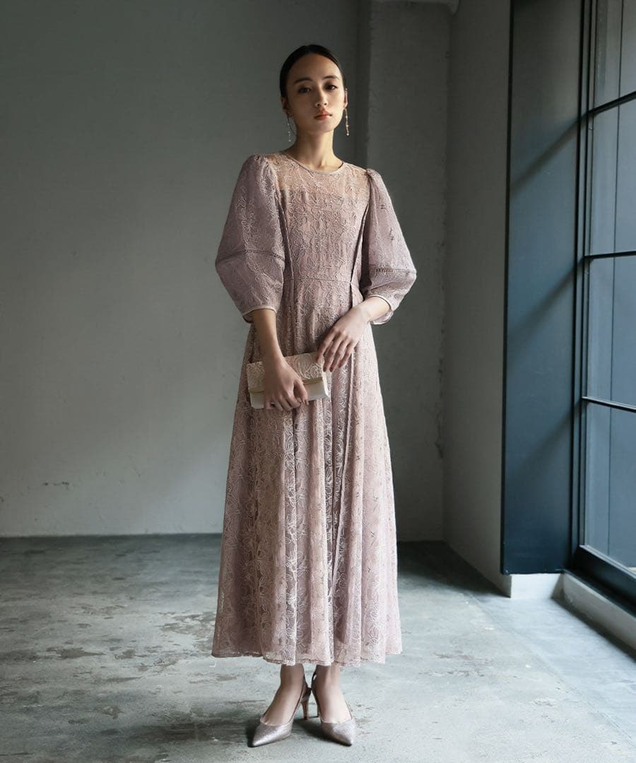 【美品】GIRL パフスリーブ総レースフレアロングワンピース　ピンクベージュ