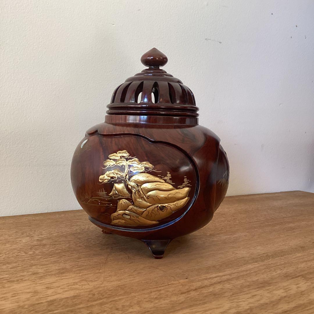三足香炉　雲龍作　高級紫檀　蒔絵香炉　金蒔絵　山水之図　松　鶴　竹　木製木製