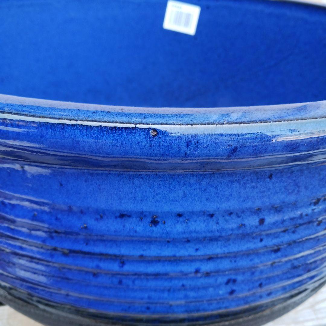 新品　∅51　特大　陶器　睡蓮鉢　手造り　メダカ鉢　難有　ラピスブルー　青LDB