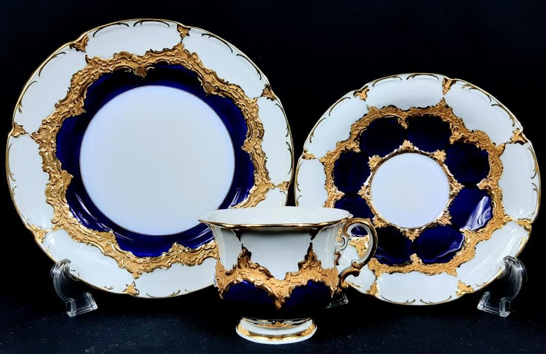 24金マイセングランツゴールドBフォーム紺カップ＆ソーサ＆プレート美品1級品 ヘ