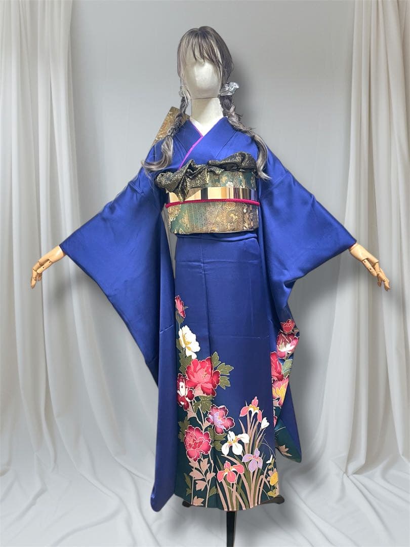 年末セール！振袖フルセット 高級SAGAFOXファー付き ブルー 手書き友禅